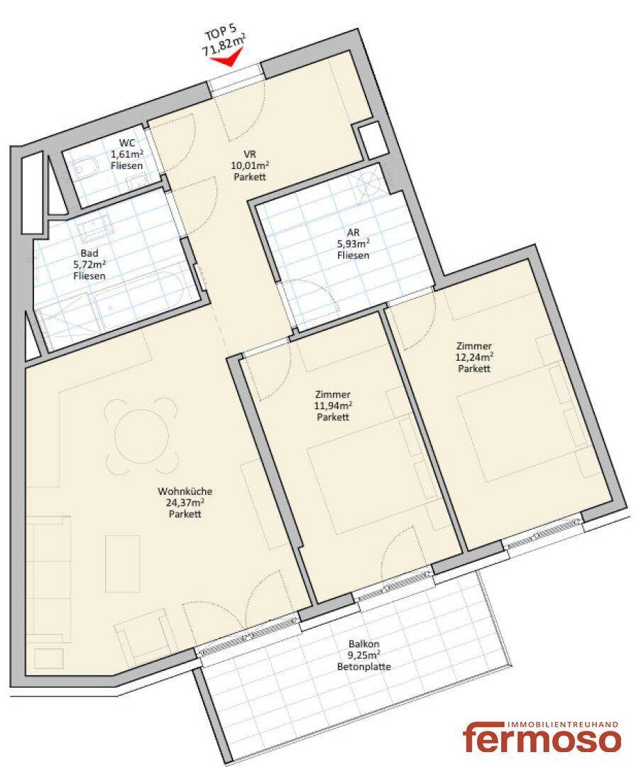 Detaillierter Grundriss der Wohnung mit Raumaufteilung und Flächenangaben.