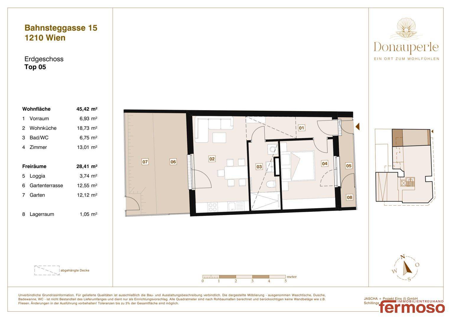 Grundriss der Erdgeschosswohnung Top 05 mit Wohnküche, Loggia und Gartenterrasse.