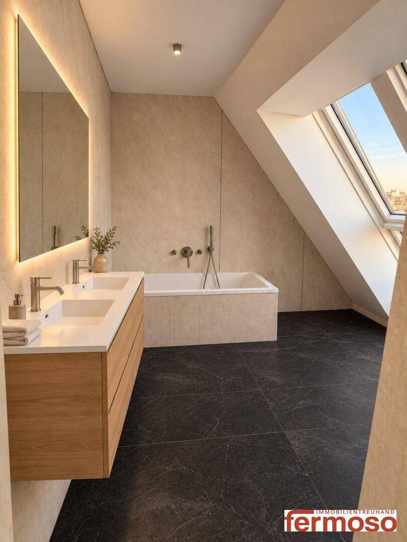 Helles Dachgeschoss-Badezimmer mit Doppelwaschbecken, Badewanne und schrägen Wänden.