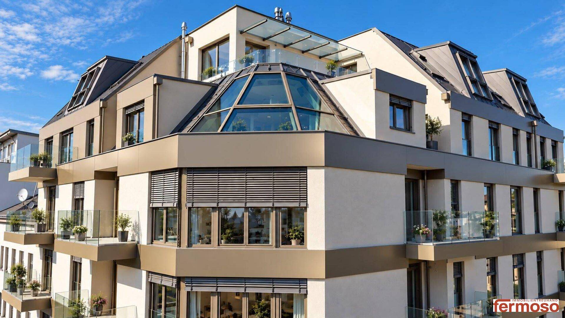 Neubau mit moderner Architektur, Balkonen, Dachterrassen und Jalousien an den Fenstern.