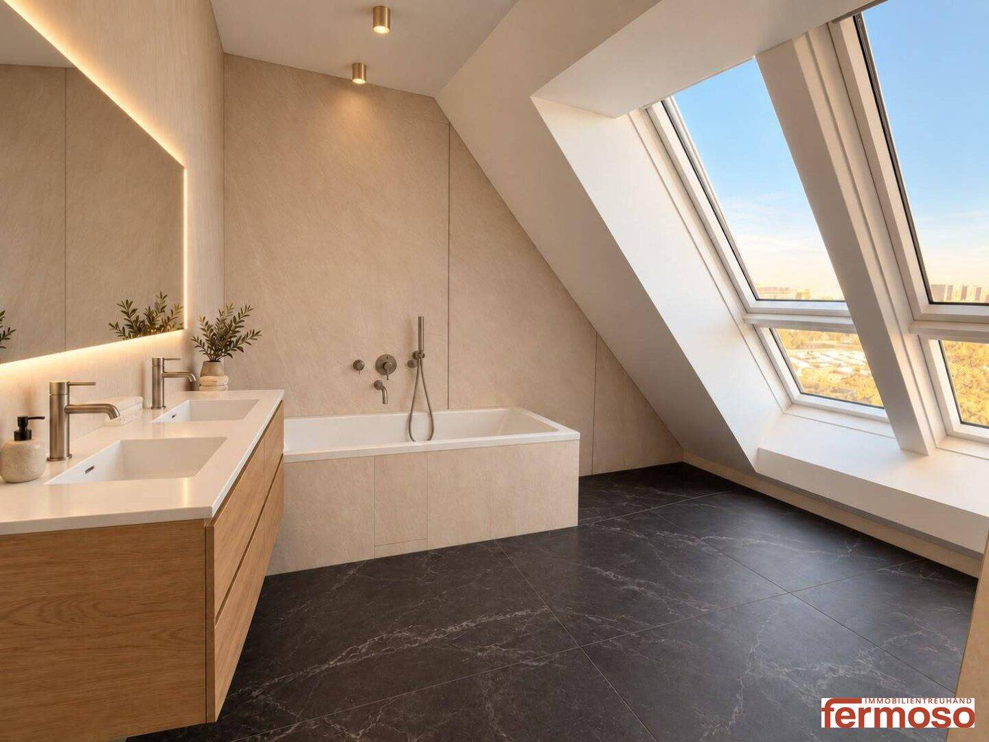 Modernes Dachgeschoss-Badezimmer mit Doppelwaschbecken, Badewanne und großem Dachfenster.