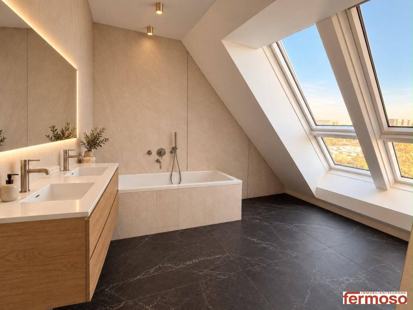 Modernes Badezimmer mit Doppelwaschbecken, Badewanne und Dachfenster in der Schräge.