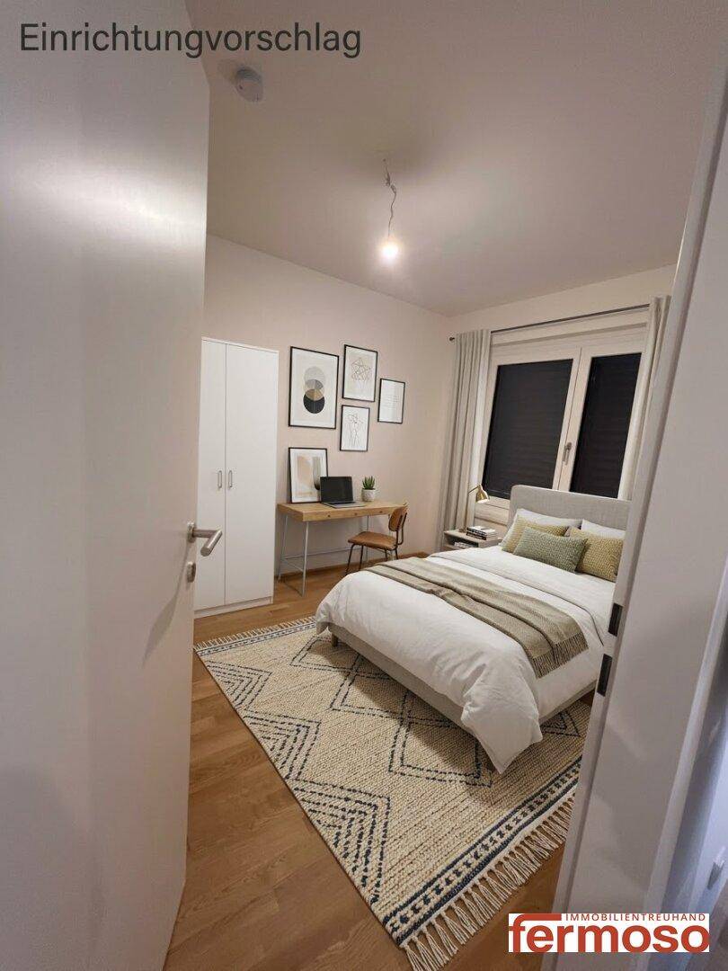 Virtuell eingerichtetes Schlafzimmer mit modernem Bett, Schreibtisch und Teppich.