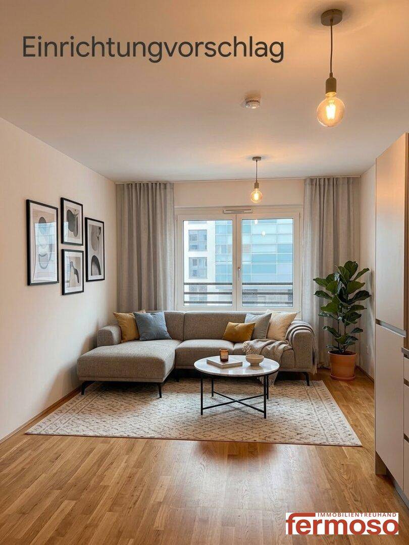 Virtuell eingerichtetes Wohnzimmer mit modernem Sofa, Couchtisch und Pflanzen.