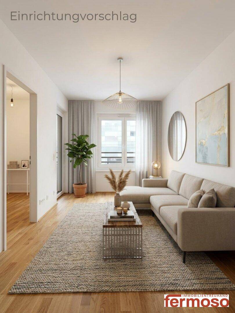 Virtuell inszeniertes Wohnzimmer mit beigem Ecksofa, Holztisch und dekorativen Elementen.