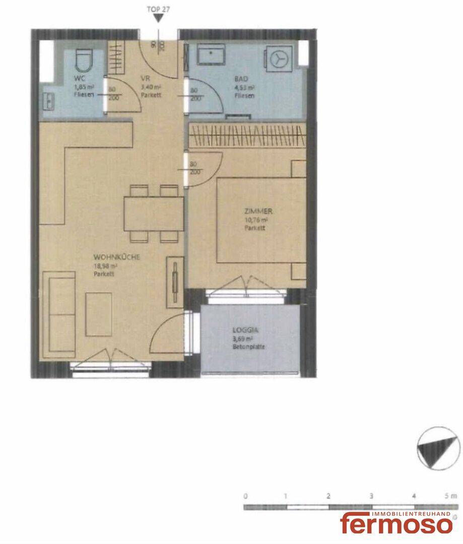 Grundriss einer Wohnung mit Wohnküche, Zimmer, Bad, WC und Loggia.