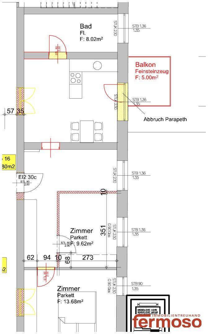 Grundriss einer Wohnung mit Bad, Zimmern und Balkon, inklusive Flächenangaben.
