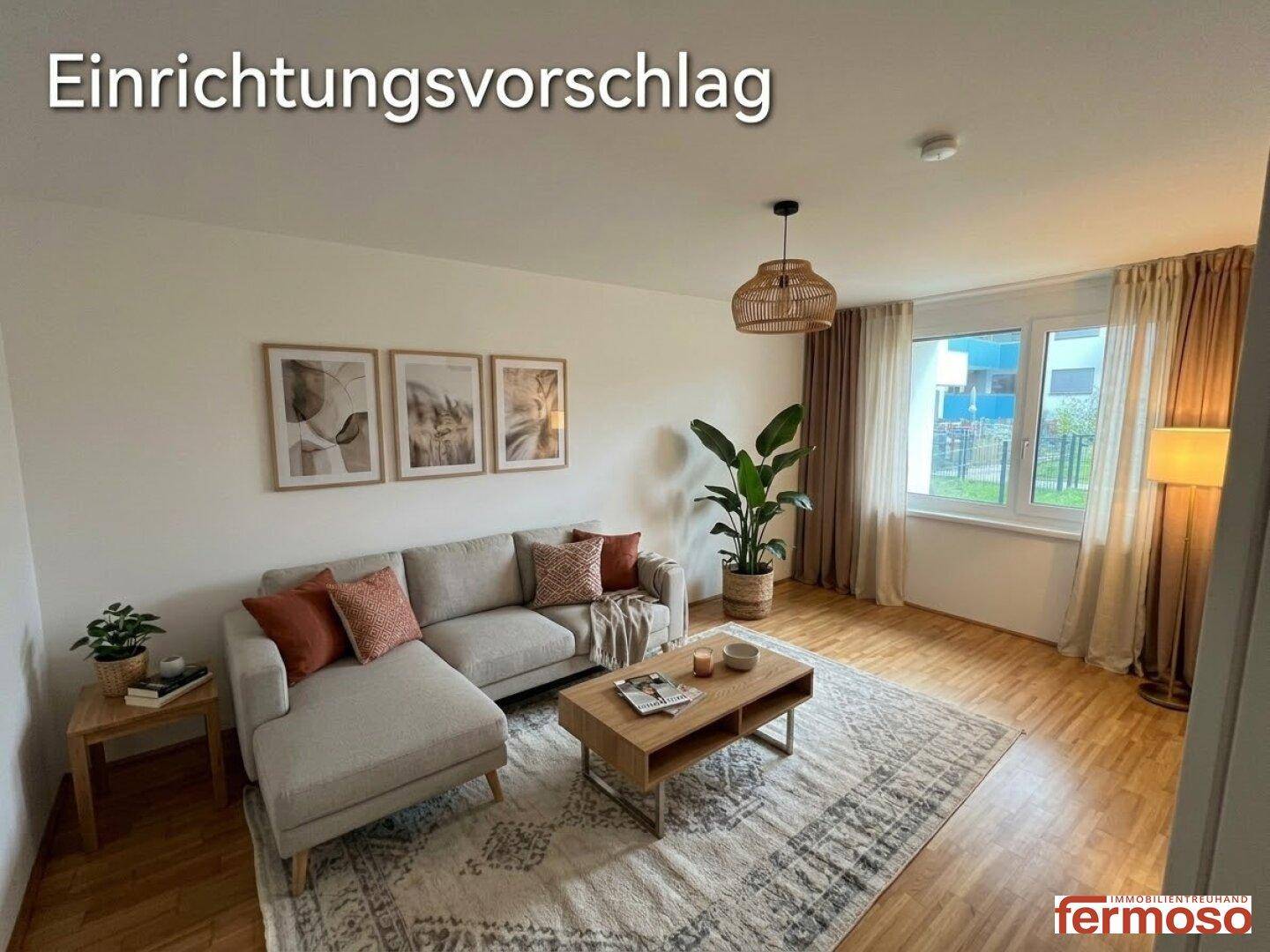 Virtuell eingerichtetes Wohnzimmer mit modernem Sofa, Teppich und Blick ins Grüne.