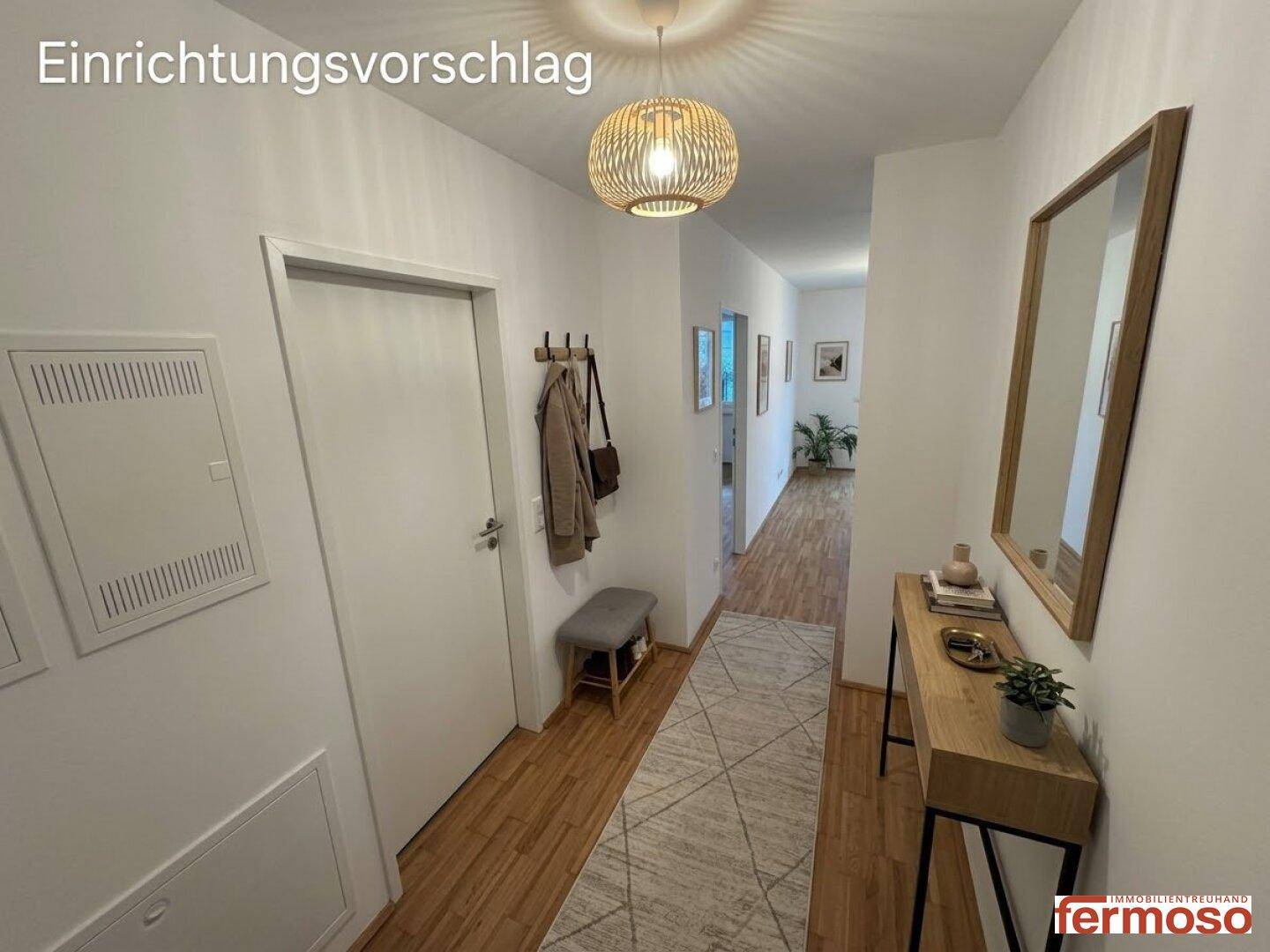 Virtuell eingerichteter Flur mit Garderobe, Spiegel und modernem Teppichläufer.