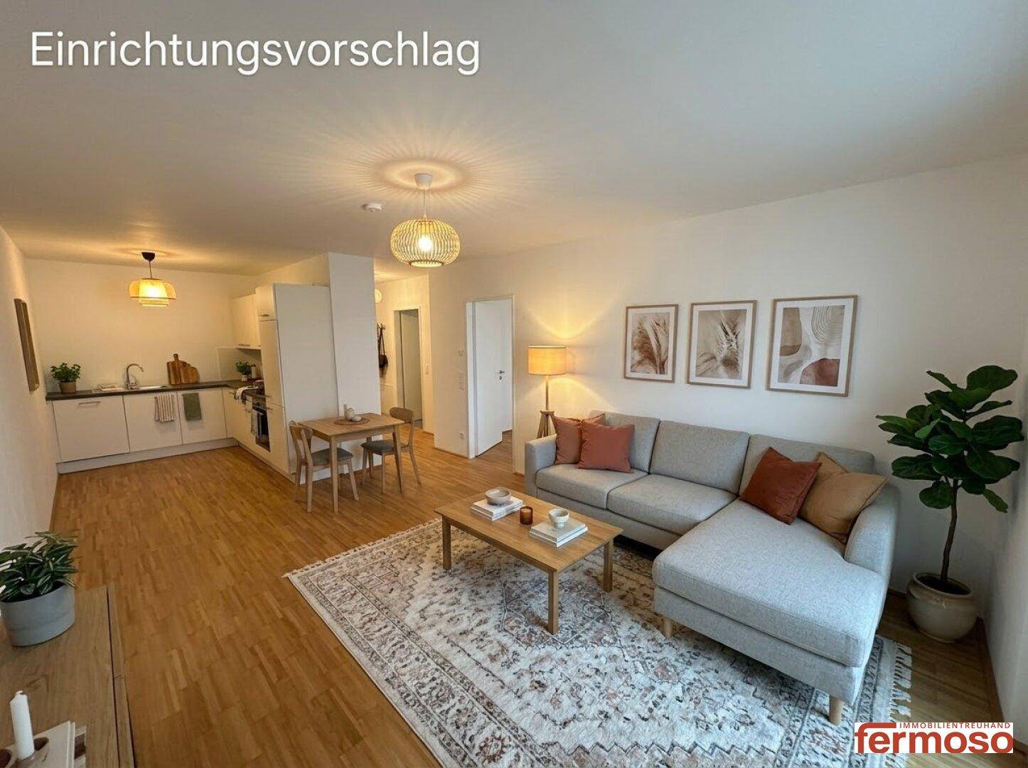 Virtuell gestalteter offener Wohn-Essbereich mit moderner Küche und gemütlichem Sofa.