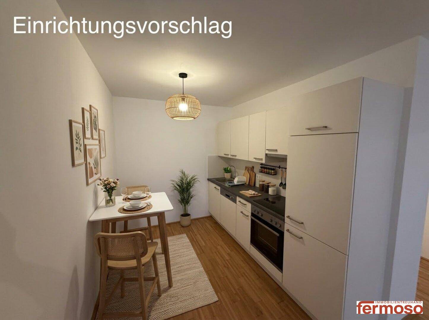 Virtuell eingerichtete Küche mit Essbereich, modernen Dekorationen und funktionalen Geräten.