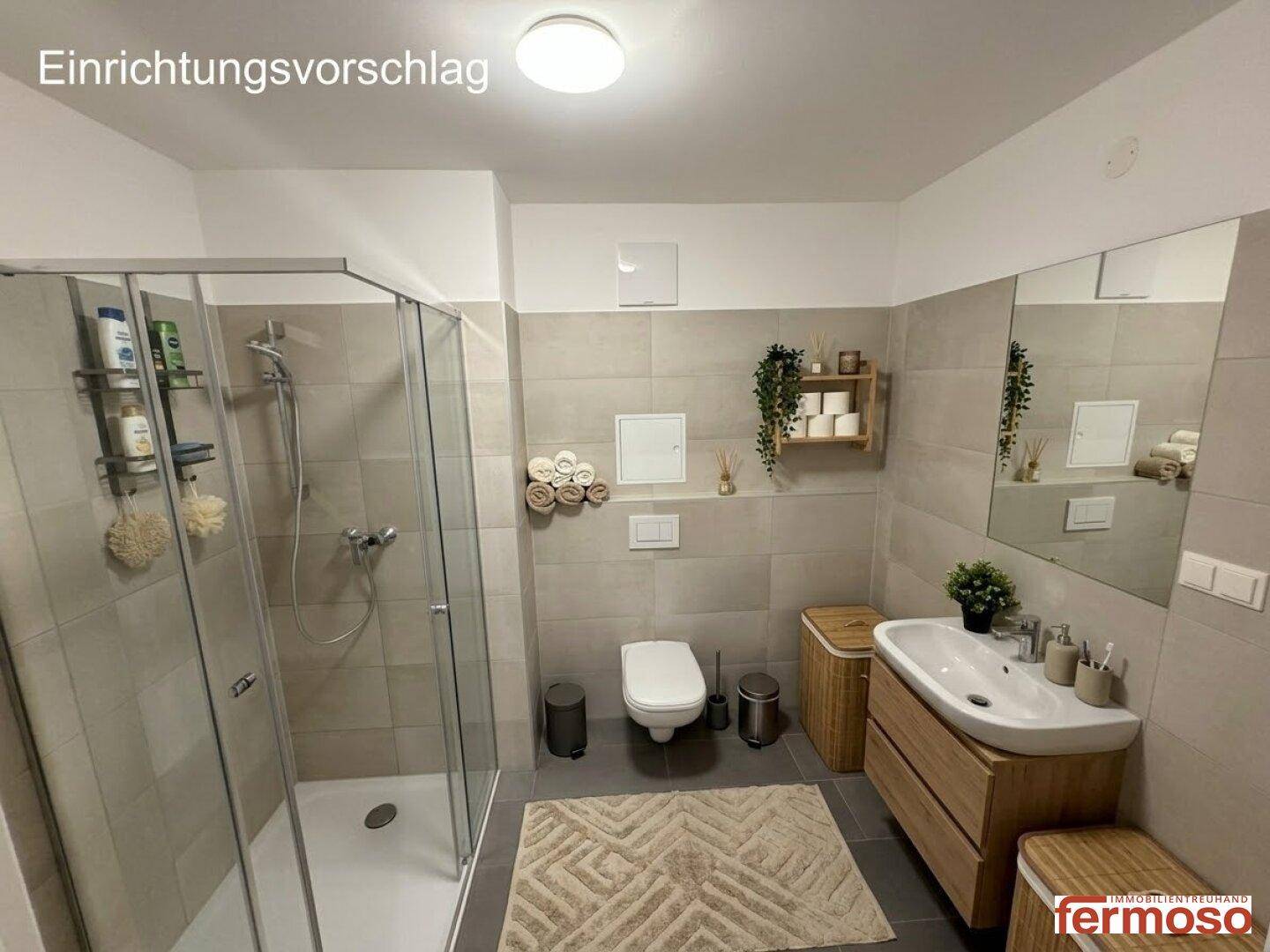 Virtuell gestaltetes Badezimmer mit Holzwaschtisch, Duschkabine und modernen Accessoires.