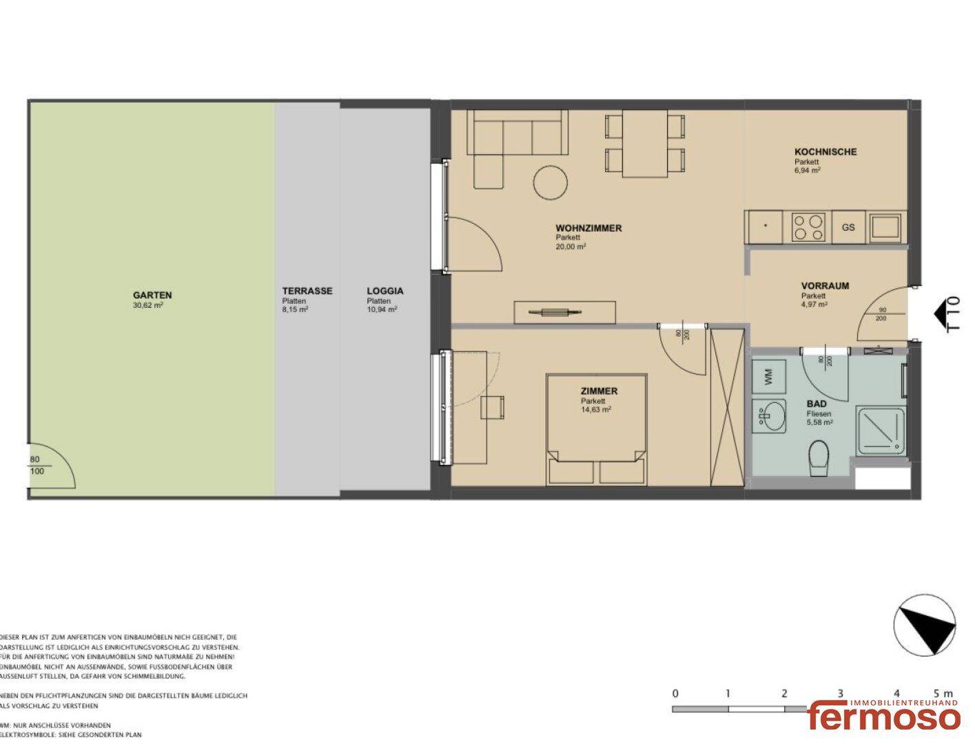 Detaillierter Grundriss einer Wohnung mit Garten, Terrasse, Loggia und offenem Wohnbereich.