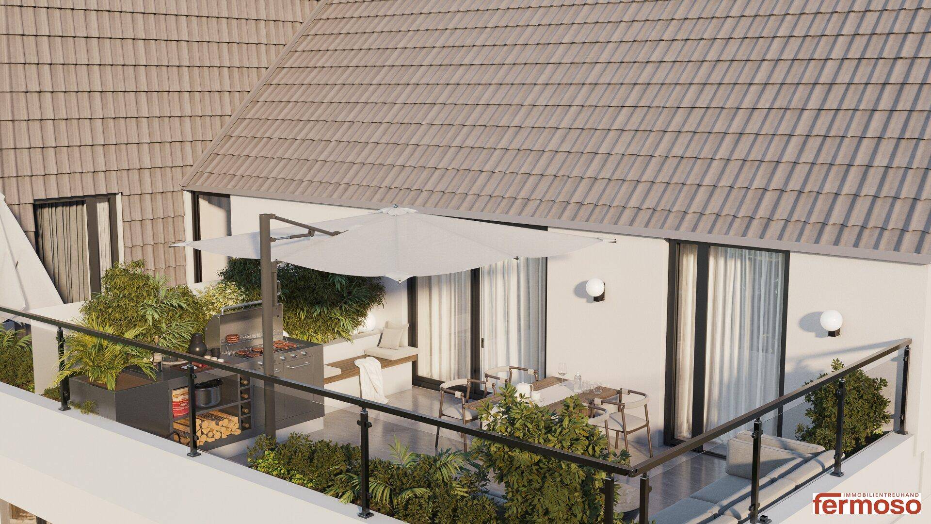Geräumige Dachterrasse mit integriertem Grill, Essbereich und Lounge-Möbeln unter einem Sonnenschirm.