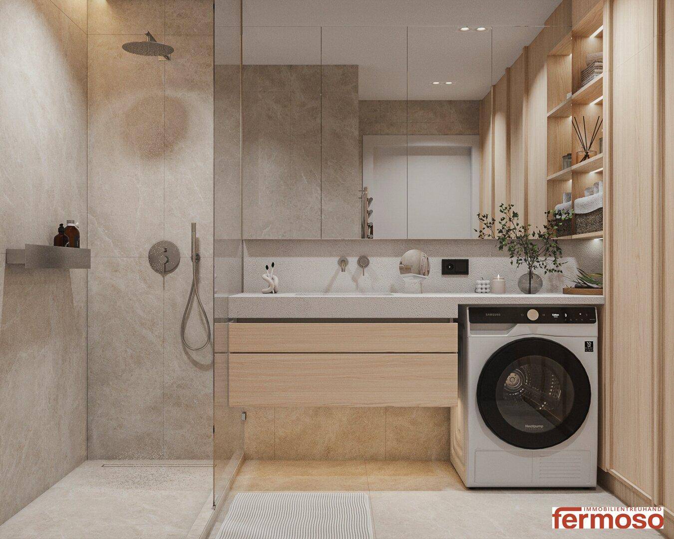 Modernes Badezimmer mit begehbarer Dusche, Einzelwaschbecken und integrierter Waschmaschine.