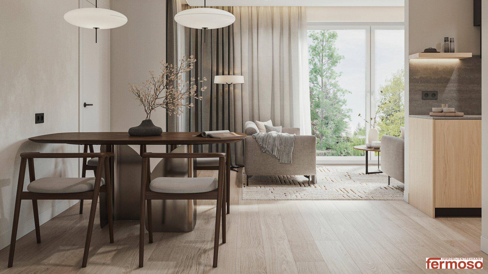 Eleganter Essbereich mit Holztisch und Stühlen, offen zum hellen Wohnzimmer und zur Küche.