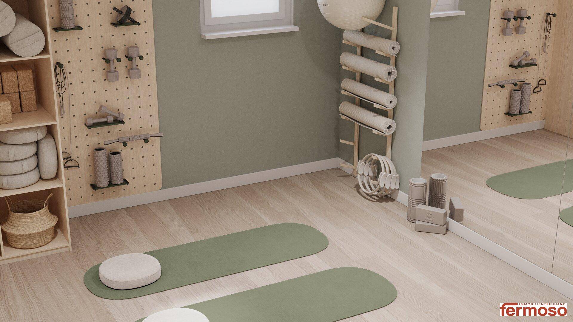 Heller Fitnessraum mit Yogamatten und Sportgeräten, perfekt für das Training zu Hause.