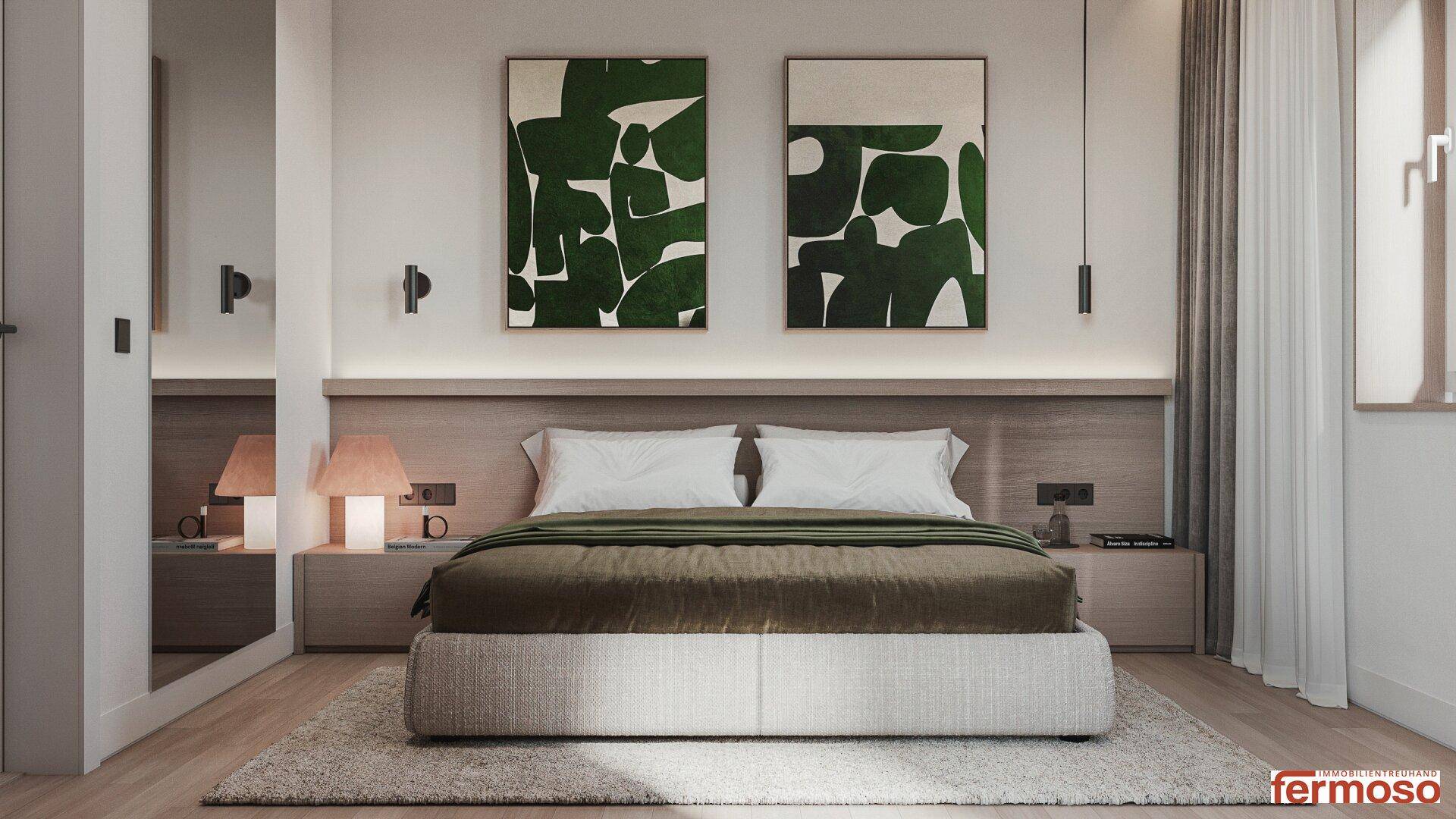 Modernes Schlafzimmer mit großem Bett, stilvollen Nachttischen und zeitgenössischer Kunst an der Wand.