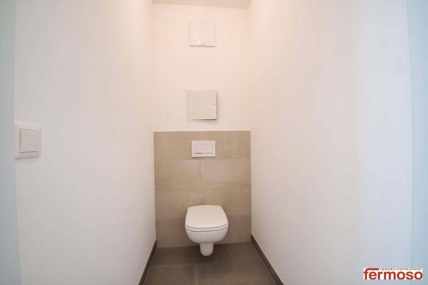 Separates WC mit wandhängender Toilette und modernen Fliesen.