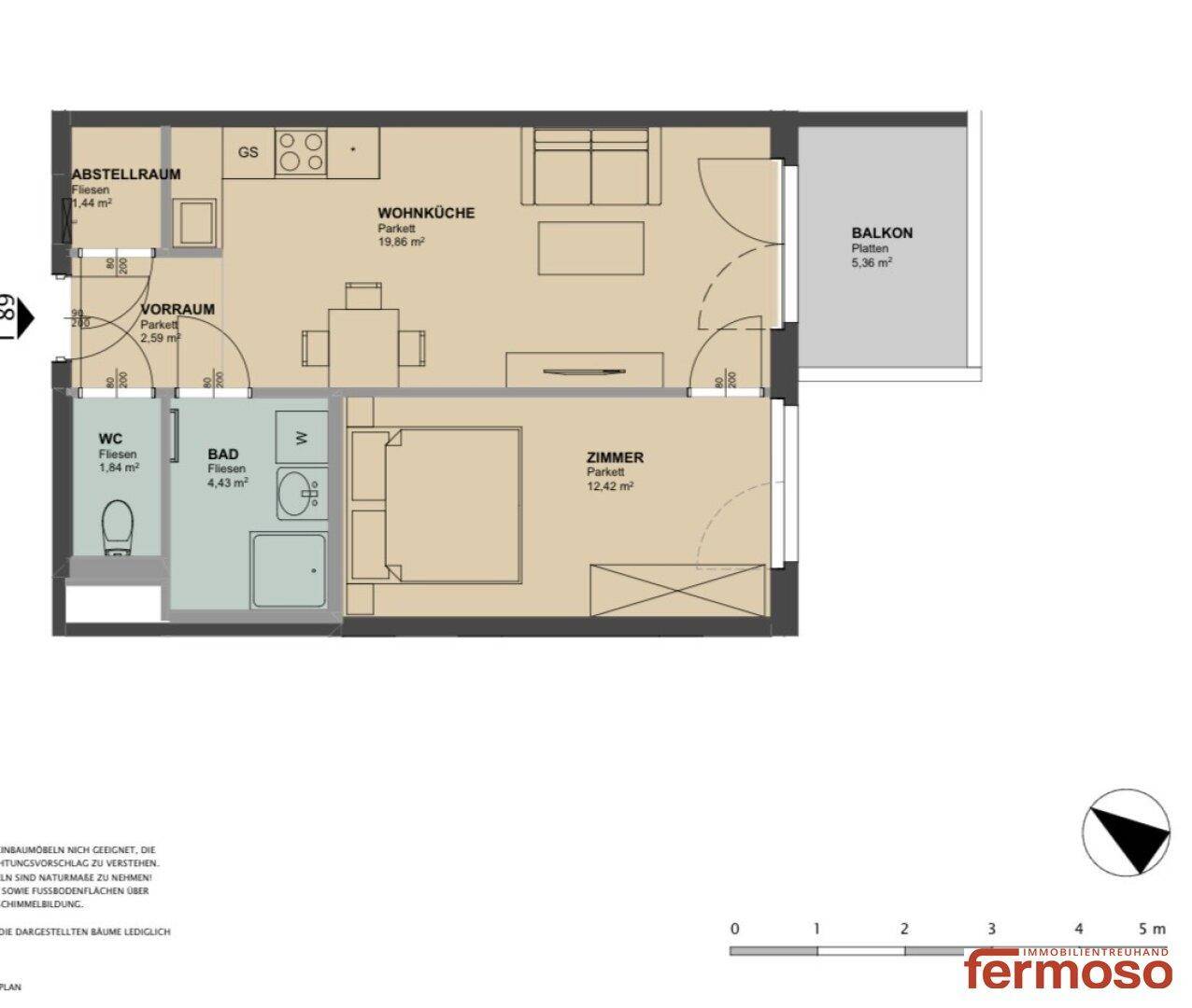 Grundriss einer Wohnung mit Wohnküche, Schlafzimmer, Bad und Balkon.