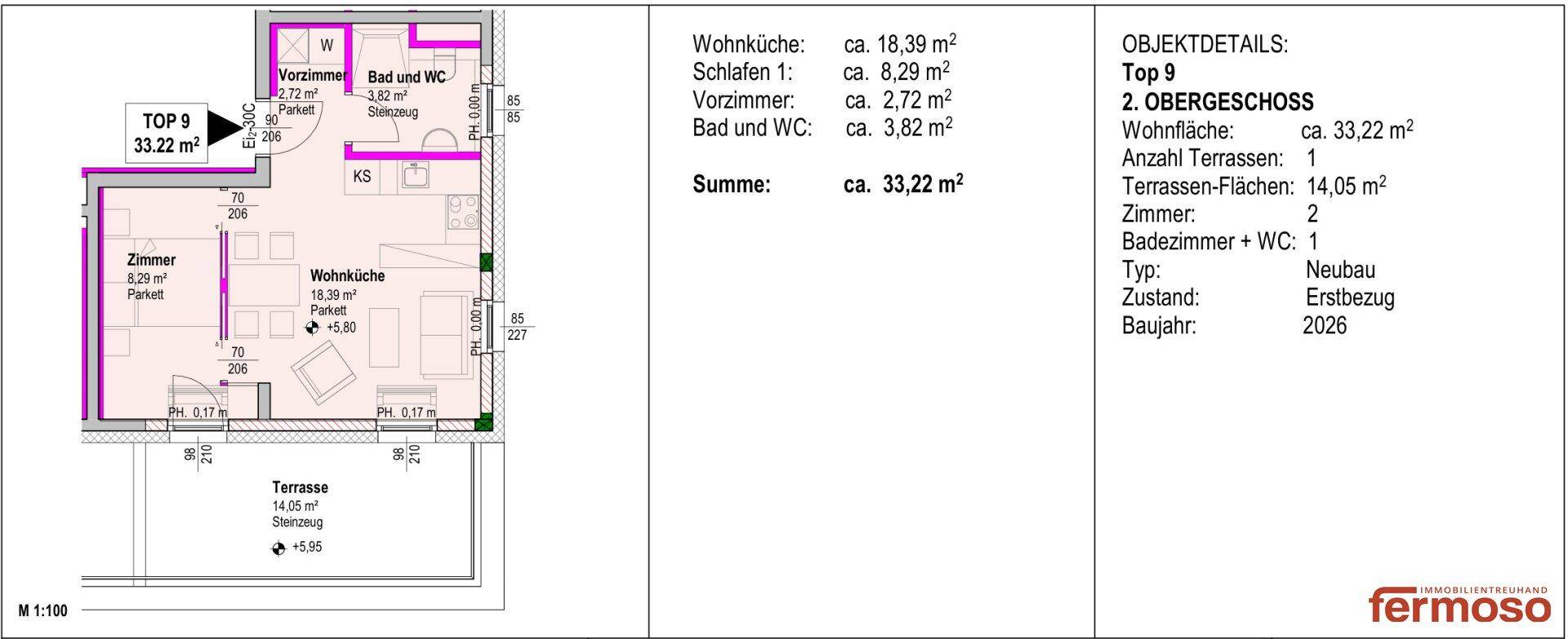 Detaillierter Grundriss für eine Wohnung im 2. Obergeschoss mit offener Wohnküche, einem Schlafzimmer, Bad und einer großzügigen Terrasse.