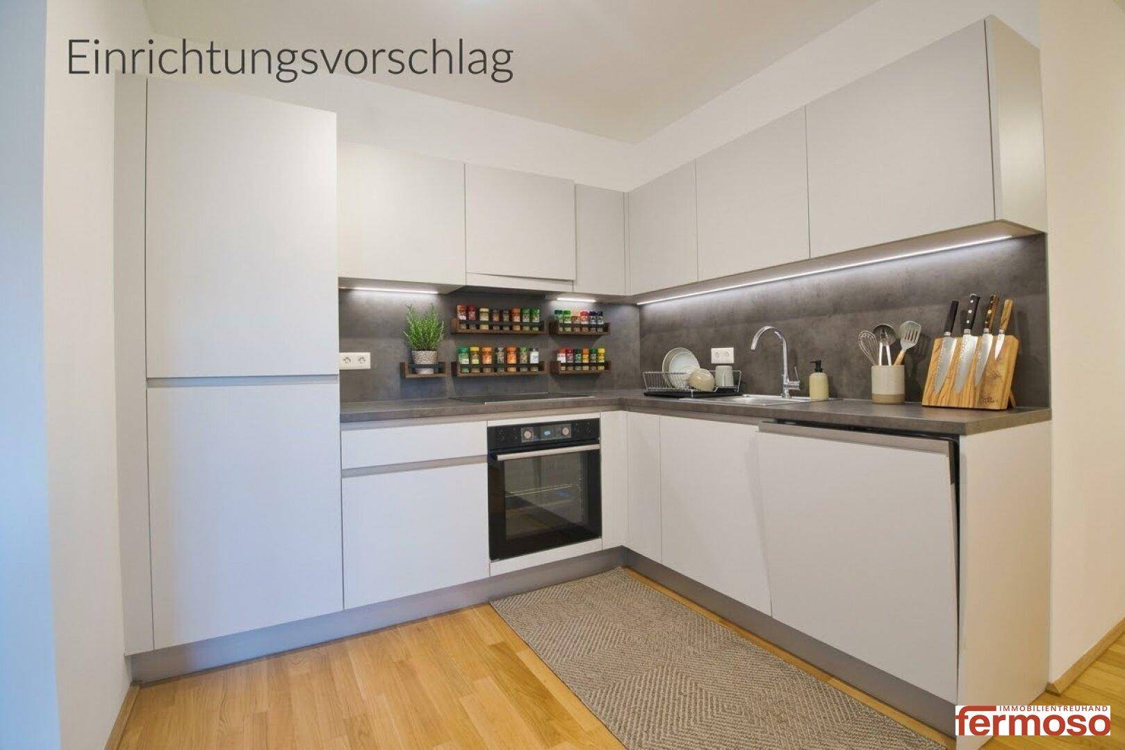 Virtuell eingerichtete moderne Küche mit Gewürzregal und Küchenutensilien.