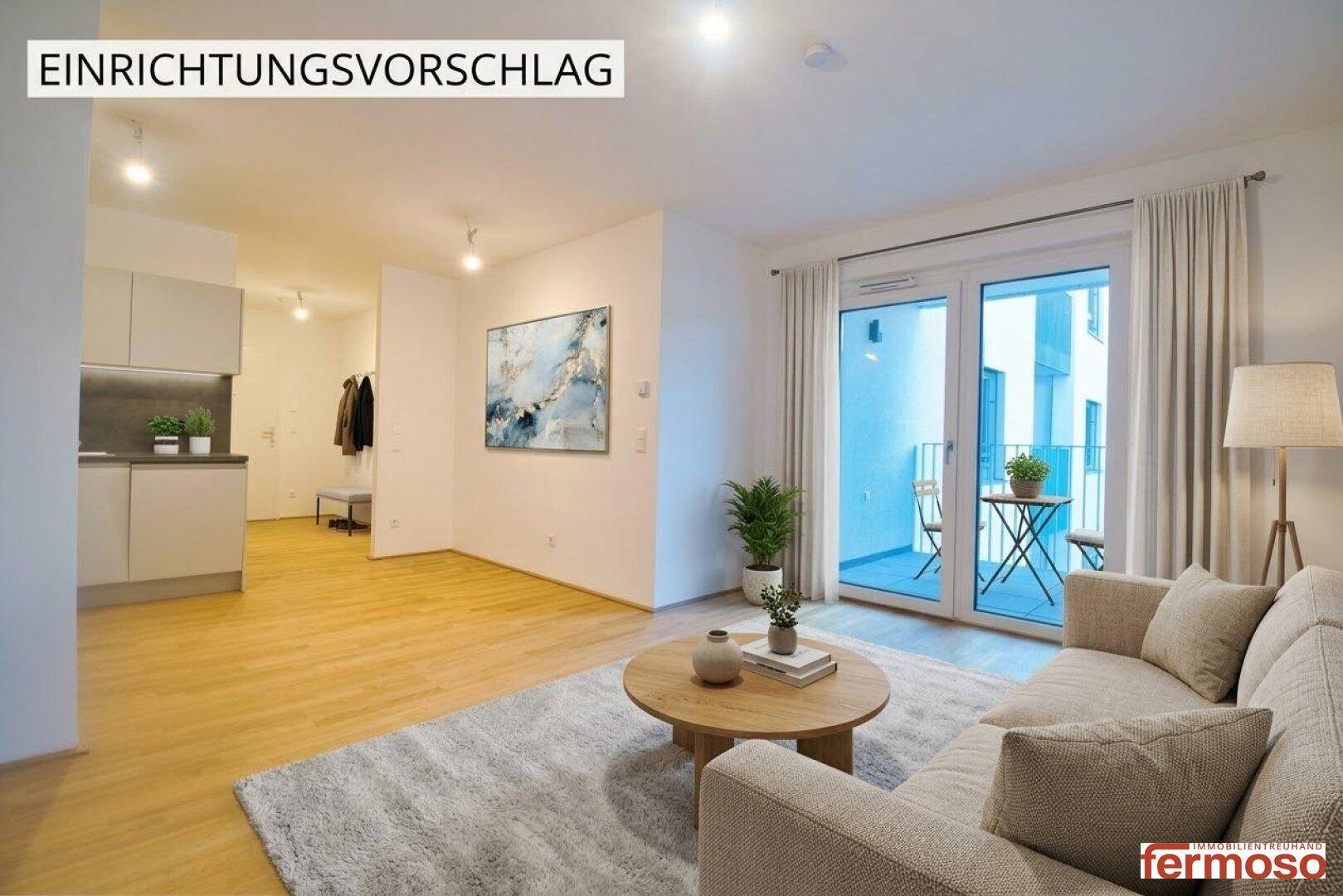 Virtuell eingerichteter Wohnbereich mit Sofa, Couchtisch und Balkonzugang.
