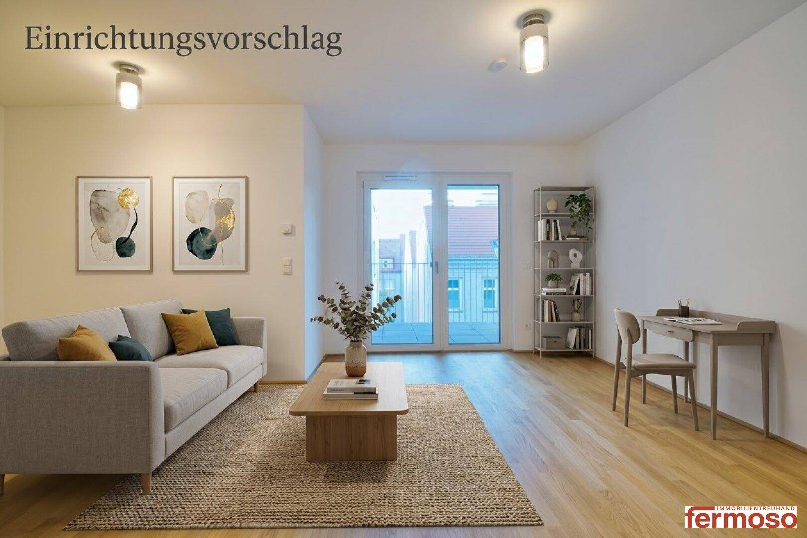 Virtuell möblierter Wohnbereich mit Sofa, Schreibtisch und französischem Balkon.