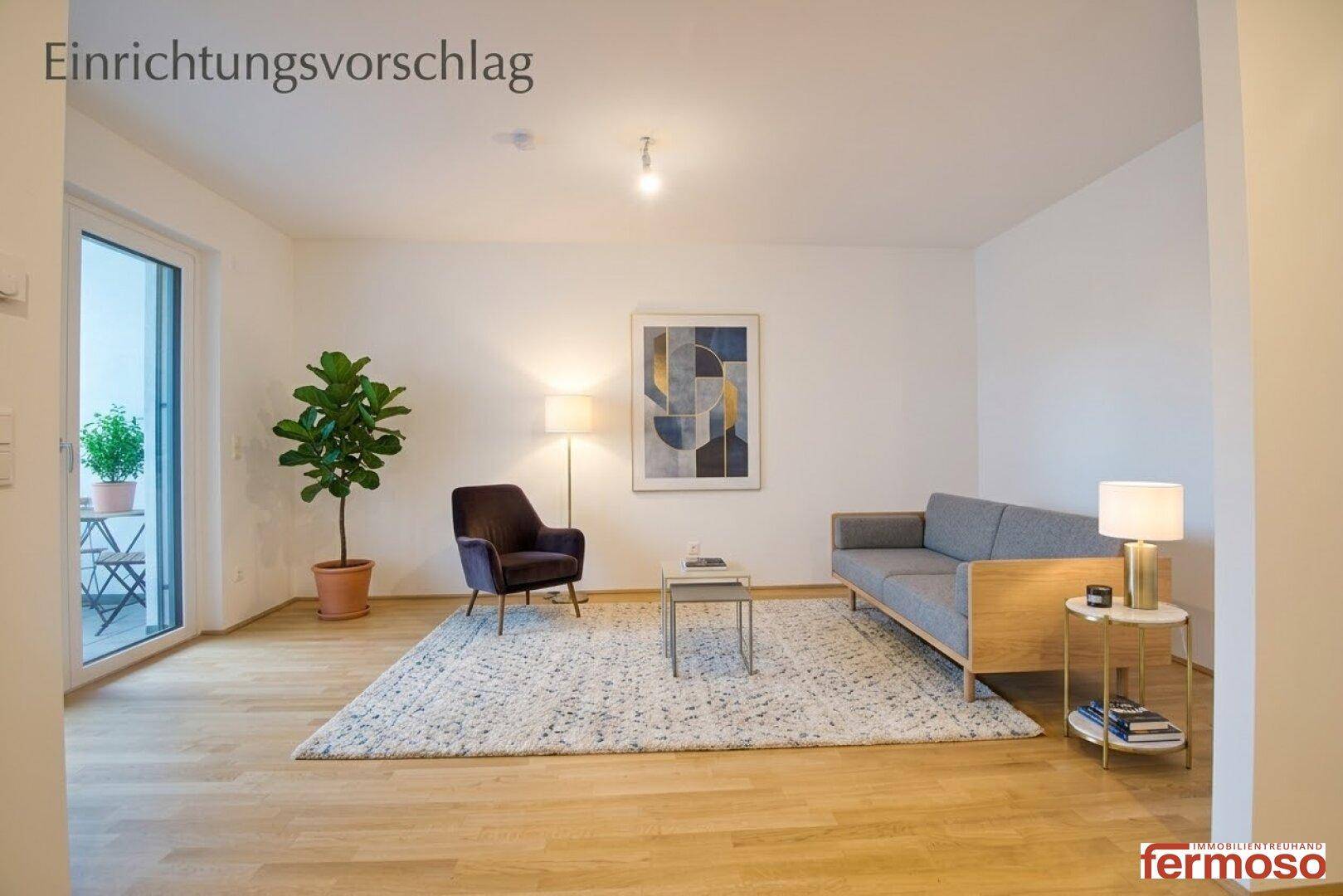 Virtuell eingerichtetes Schlafzimmer mit modernem Dekor und Balkonzugang.