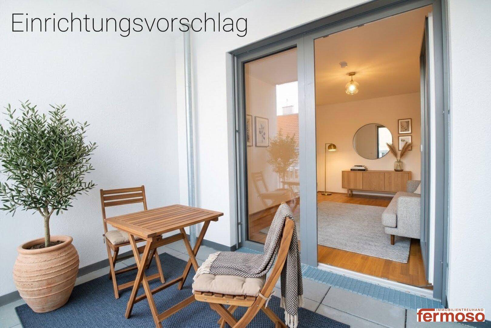 Virtuell eingerichteter Balkon mit Sitzgelegenheiten und Pflanzen.