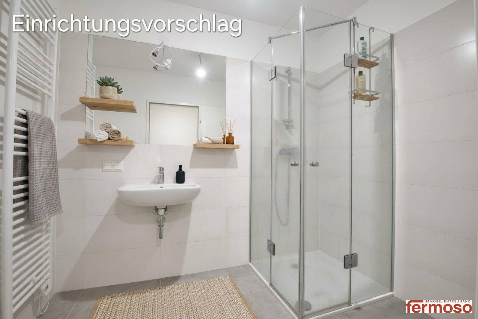 Virtuell dekoriertes Badezimmer mit Duschkabine, Waschbecken und Handtuchheizkörper.