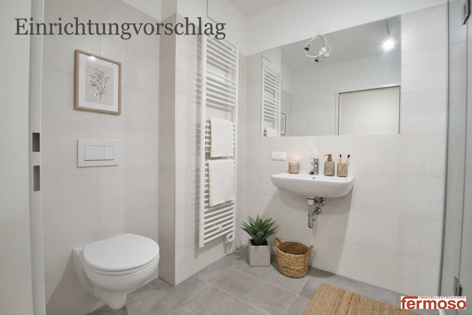 Virtuell dekoriertes Badezimmer mit WC, Waschbecken und Handtuchheizkörper.