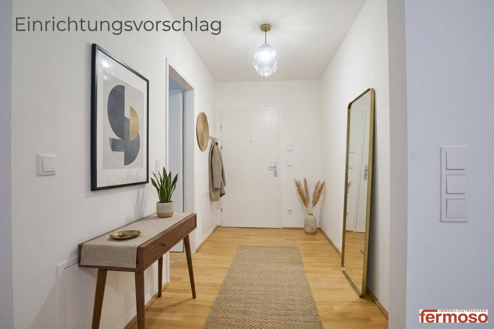 Virtuell eingerichteter Flur mit Konsole, Spiegel und modernem Dekor.