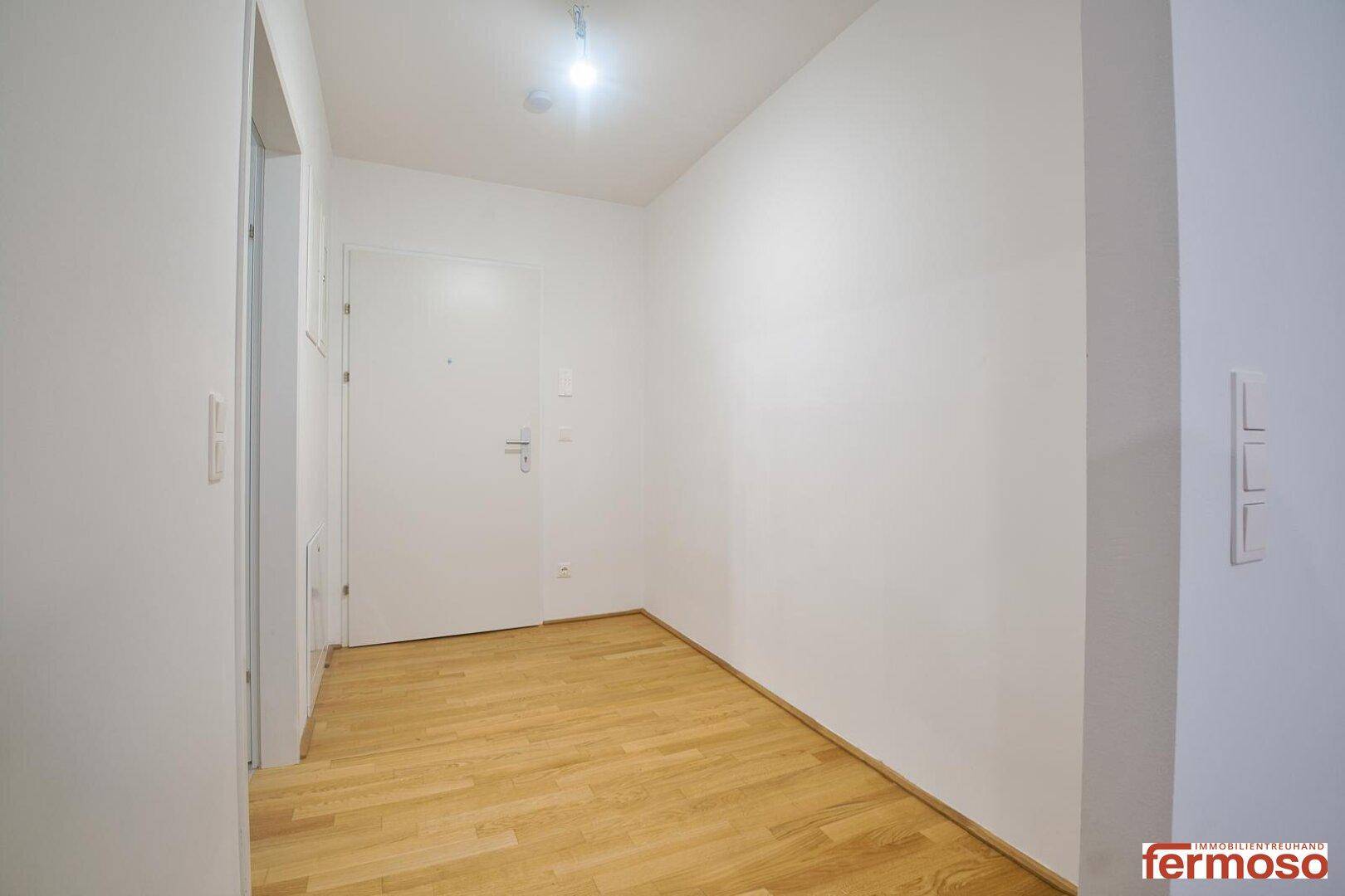 Heller Eingangsbereich mit Holzboden und weiß gestrichenen Wänden.