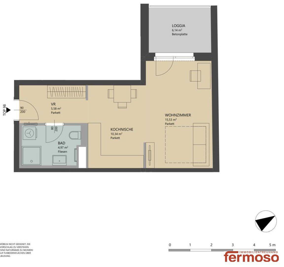 Grundriss einer Wohnung mit Wohnzimmer, Kochnische, Bad und Loggia.