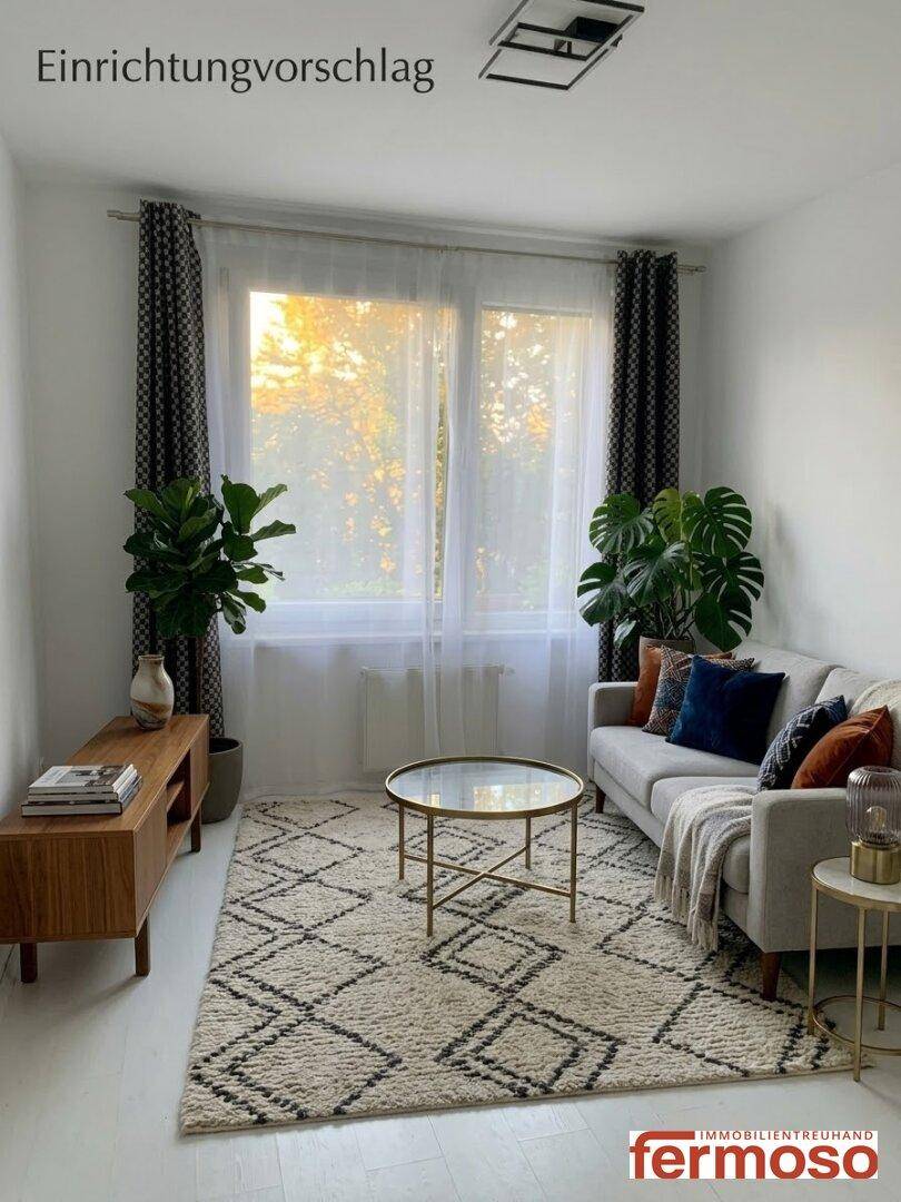 Gemütliches Wohnzimmer mit weißem Boden, modernen Möbeln und viel Tageslicht als Einrichtungsvorschlag.