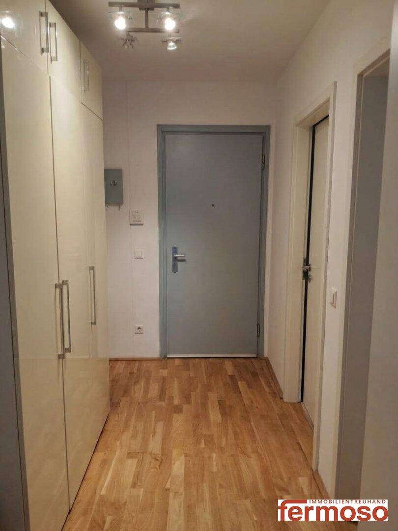 Eingangsbereich mit Holzboden, weiß gestrichenen Wänden und einer grauen Eingangstür.