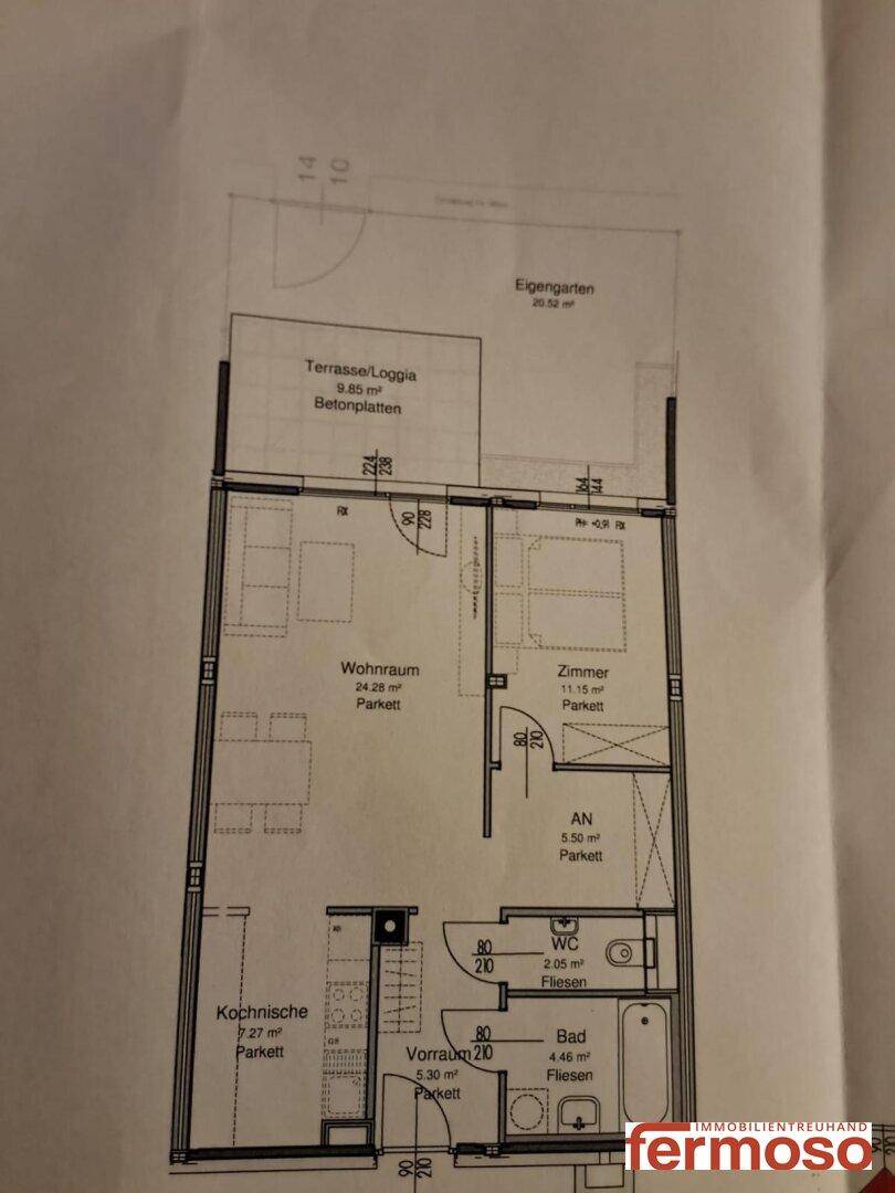 Grundriss einer Wohnung mit Wohnraum, Zimmer, Kochnische, Bad, WC, Terrasse/Loggia und Eigengarten.