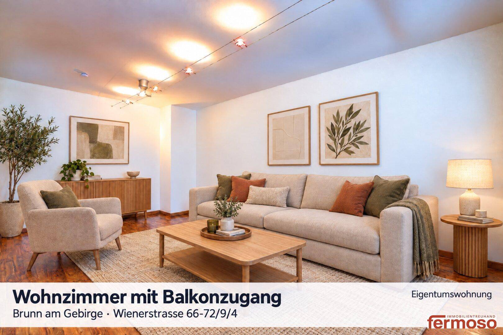 Modern eingerichtetes Wohnzimmer mit beigem Sofa, Holztisch und stilvoller Dekoration, mit Balkonzugang.