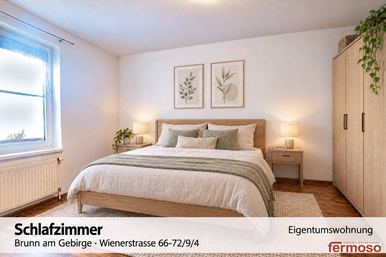 Gemütliches Schlafzimmer mit Doppelbett, Nachttischen und Holzschrank, hell und modern eingerichtet.