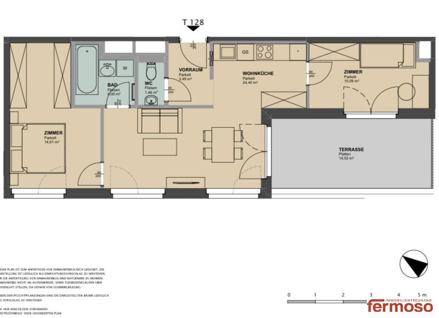 Grundriss einer Wohnung mit Wohnküche, Zimmern, Bad, WC und Terrasse.