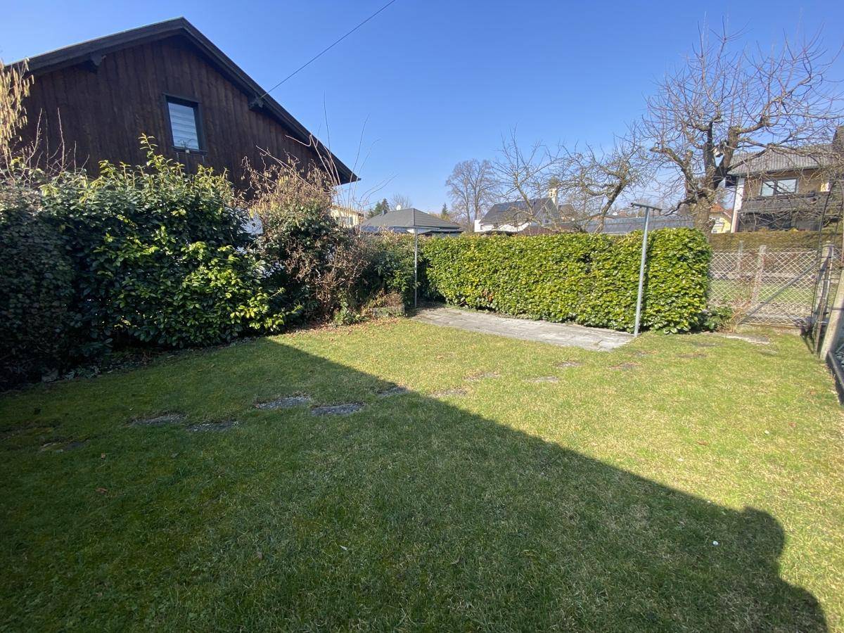 Gepflegter Gartenbereich mit Rasenfläche und hoher Hecke, ideal zum Entspannen im Freien.