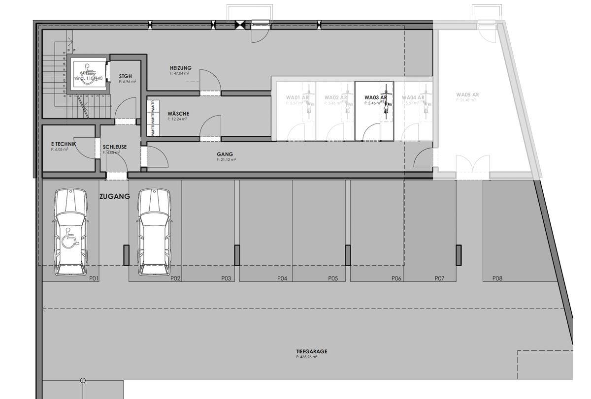 Grundriss der Tiefgarage und des Kellergeschosses mit Technik- und Abstellräumen.