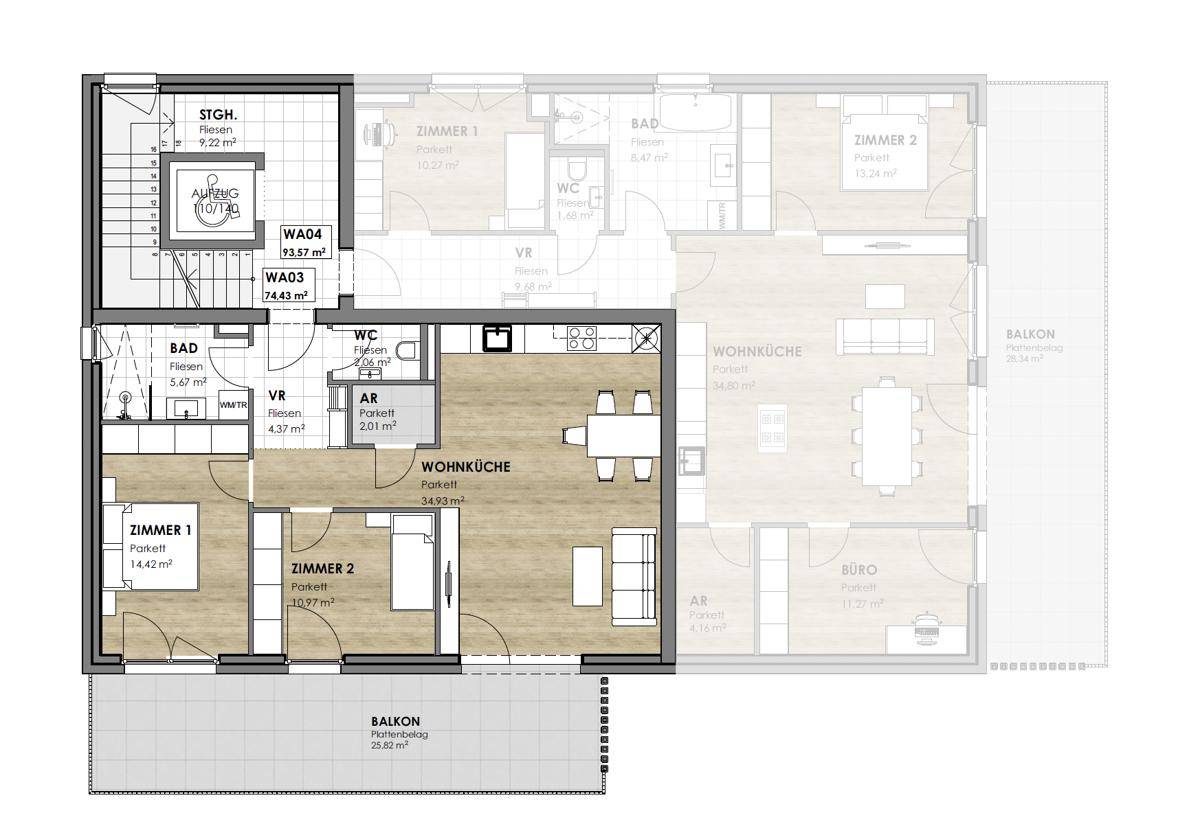 Grundriss einer Wohnung mit offener Wohnküche, zwei Zimmern und großem Balkon.