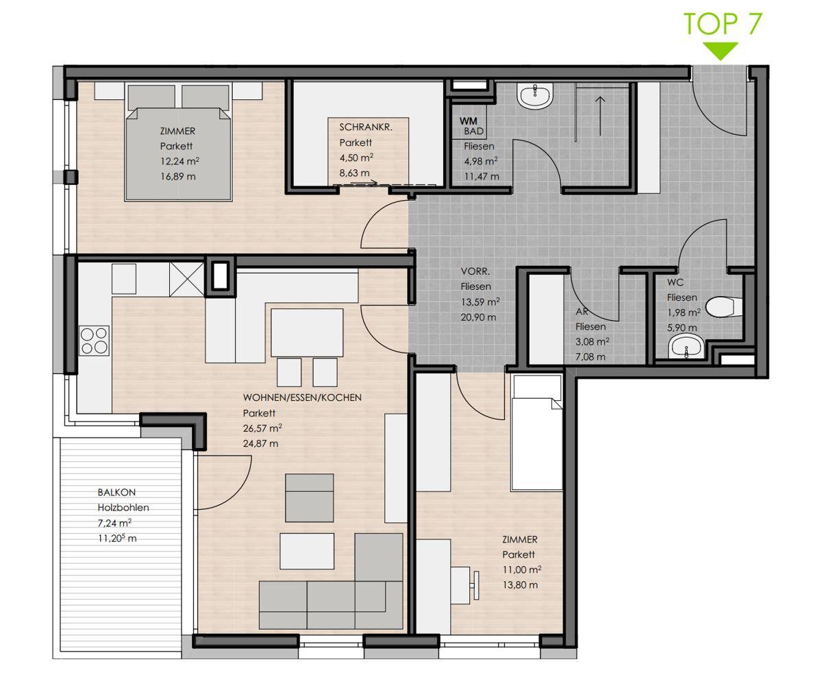 Detaillierter Grundriss einer Wohnung mit offenem Wohn-Essbereich und Balkon.