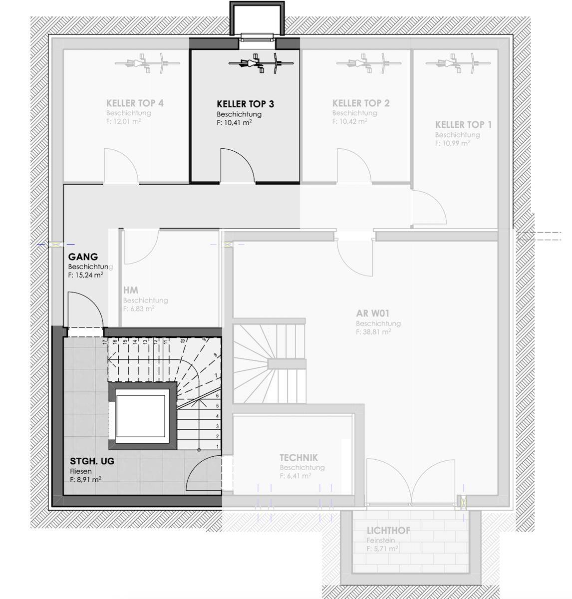 Grundriss des Kellergeschosses mit Abstellräumen, Technik und Treppenhaus.