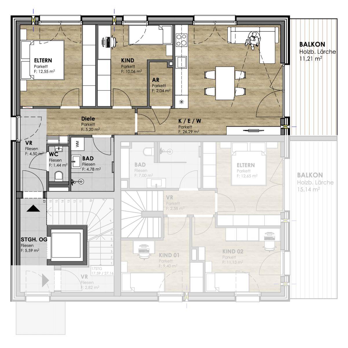 Grundriss einer Wohnung mit drei Zimmern, Bad, WC und großem Balkon.