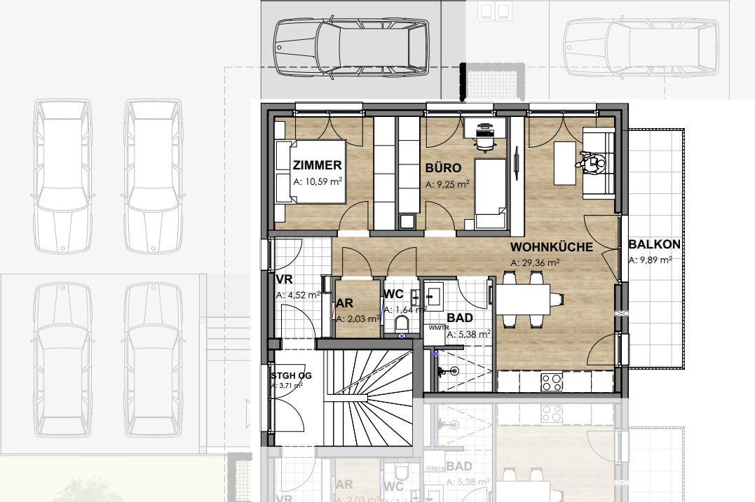 Grundriss des Obergeschosses mit offener Wohnküche, Schlafzimmer, Büro und Balkon.