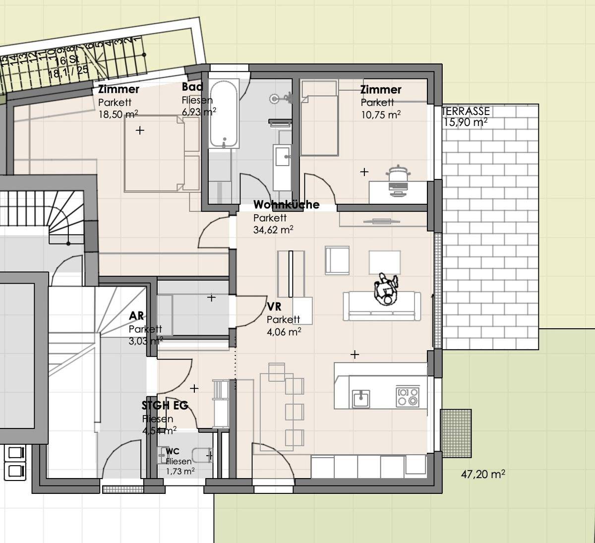 Detaillierter Grundriss mit offener Wohnküche, Bad, Zimmern und großer Terrasse.