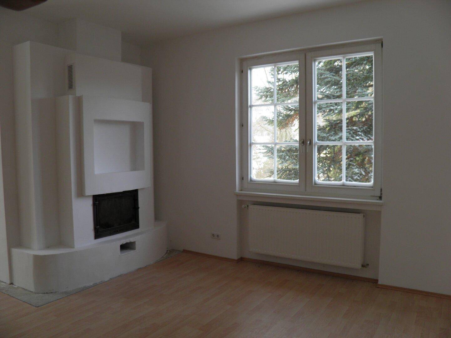 Wohnzimmer mit Holzboden, großem Fenster und einem modernen Kamin als Blickfang.